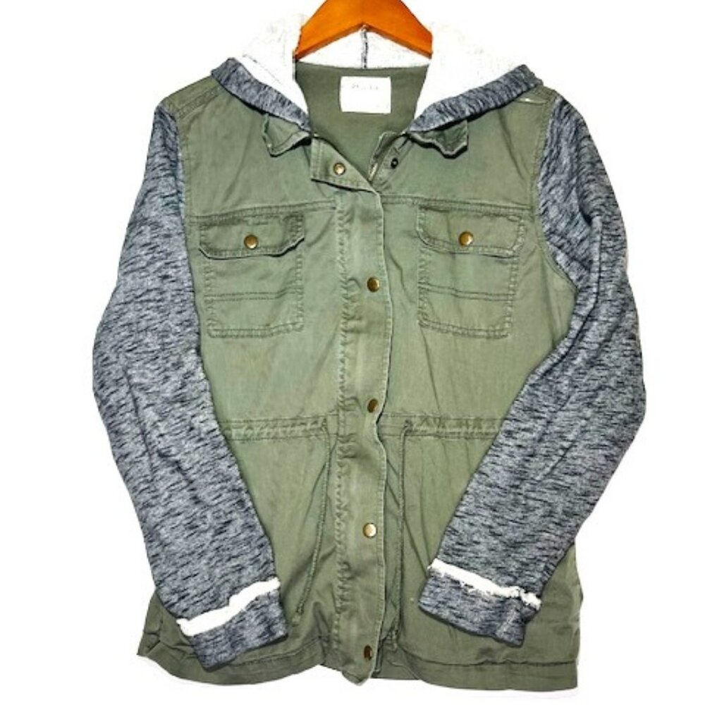 Mudd Women's Y2K Vintage Hooded Zipper Button Bomber Green Jacket Sz L